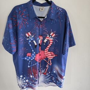 Hardaddy Mens Large Patriotic Flamingos Fireworks Hawaiian Shirt Red White Blue